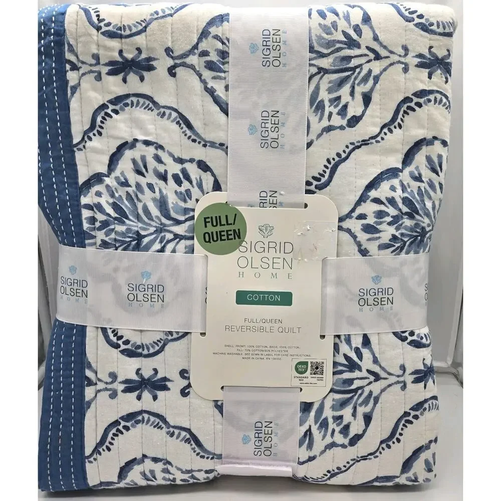 Sigrid Olsen Queen Size Quilt Blue White Reversible All Cotton Cottagecore NWT
